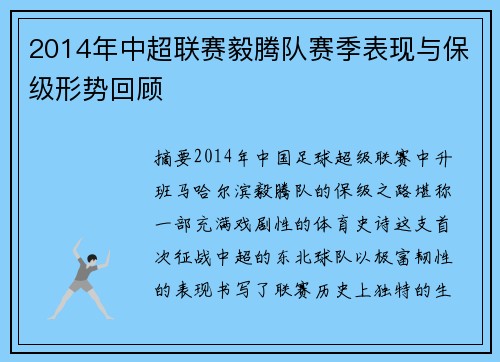 2014年中超联赛毅腾队赛季表现与保级形势回顾